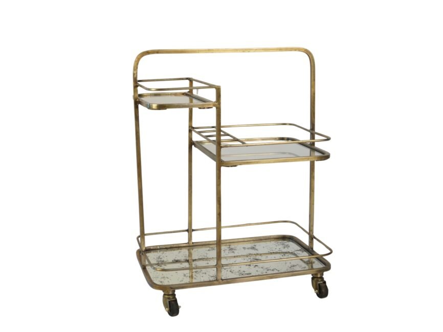 Iron retro 3 tier trolley with glass and ant. Mirror shelves