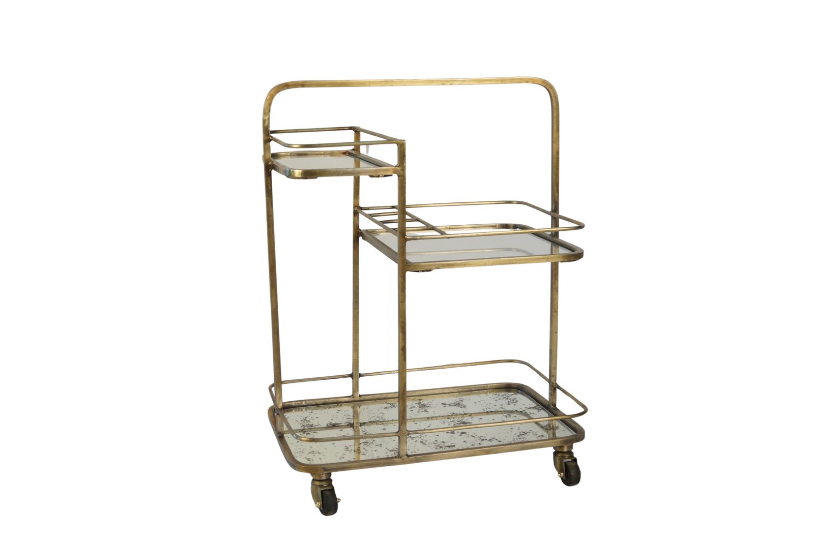 Iron retro 3 tier trolley with glass and ant. Mirror shelves