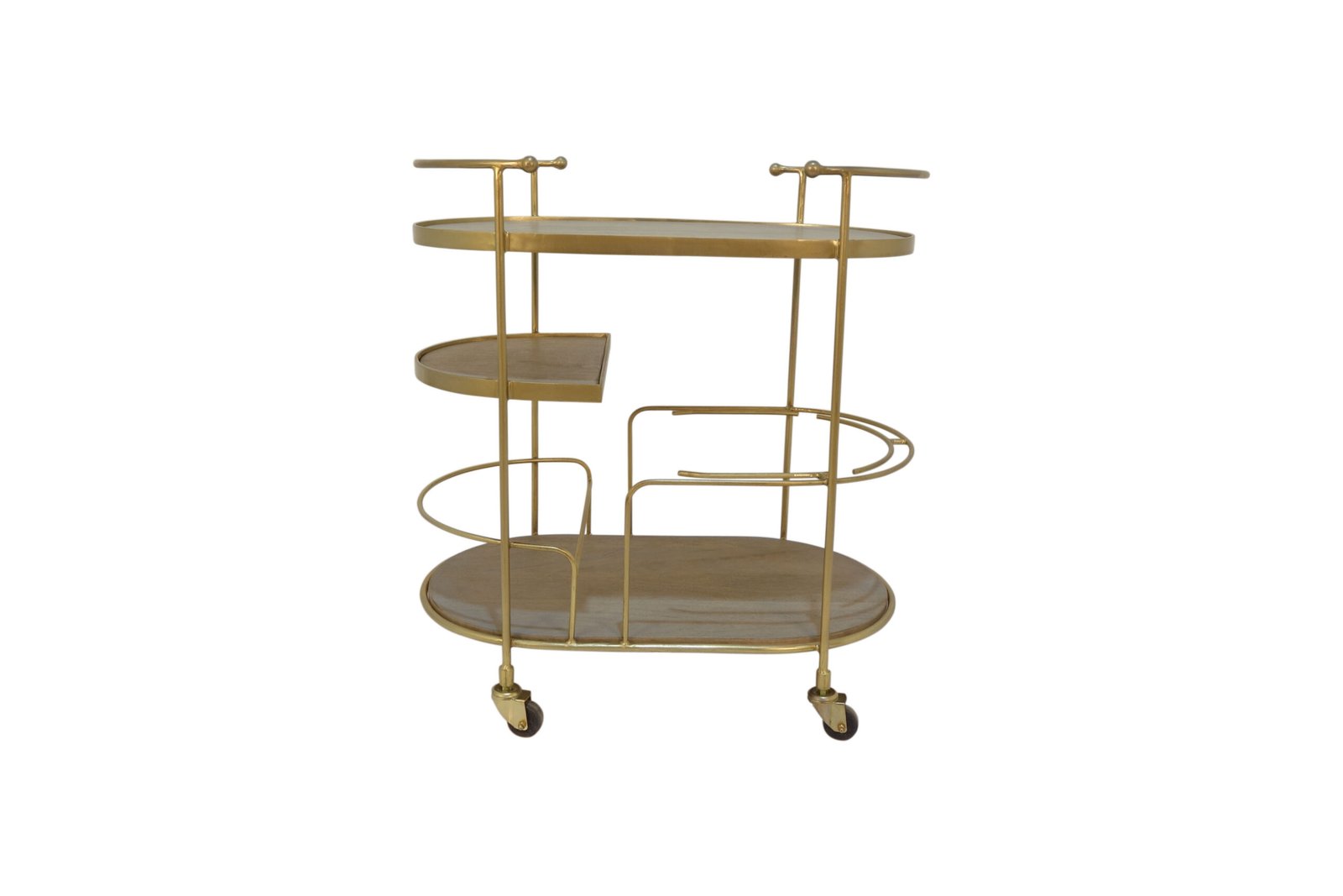 Iron trolley with brass ice bucket and wooden shelves