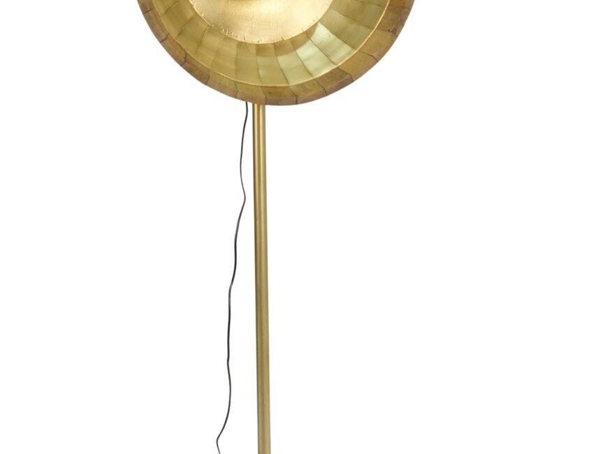 Wooden Brass cladded deep disc floor lamp