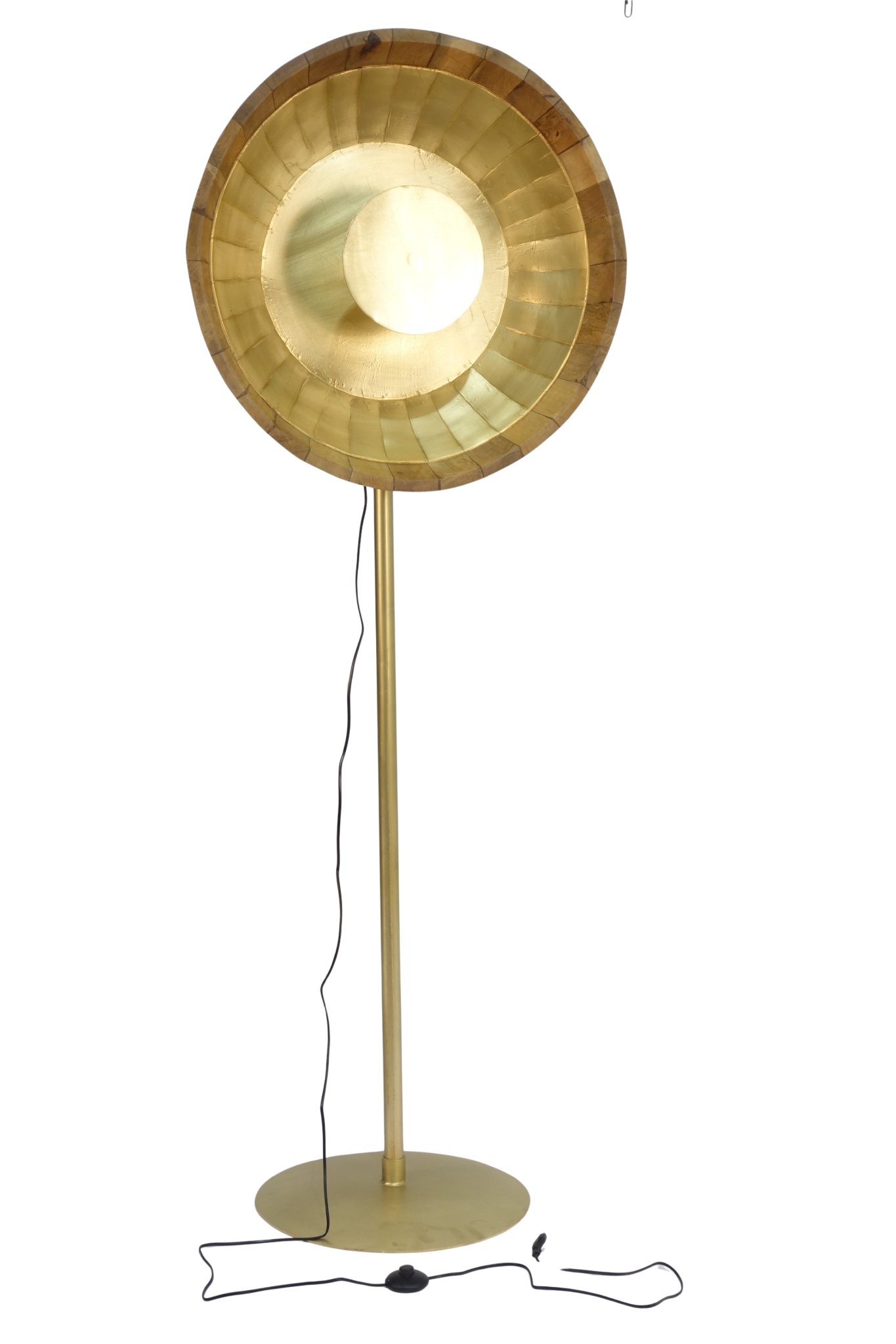 Wooden Brass cladded deep disc floor lamp