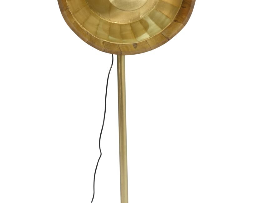 Wooden Brass cladded deep disc floor lamp