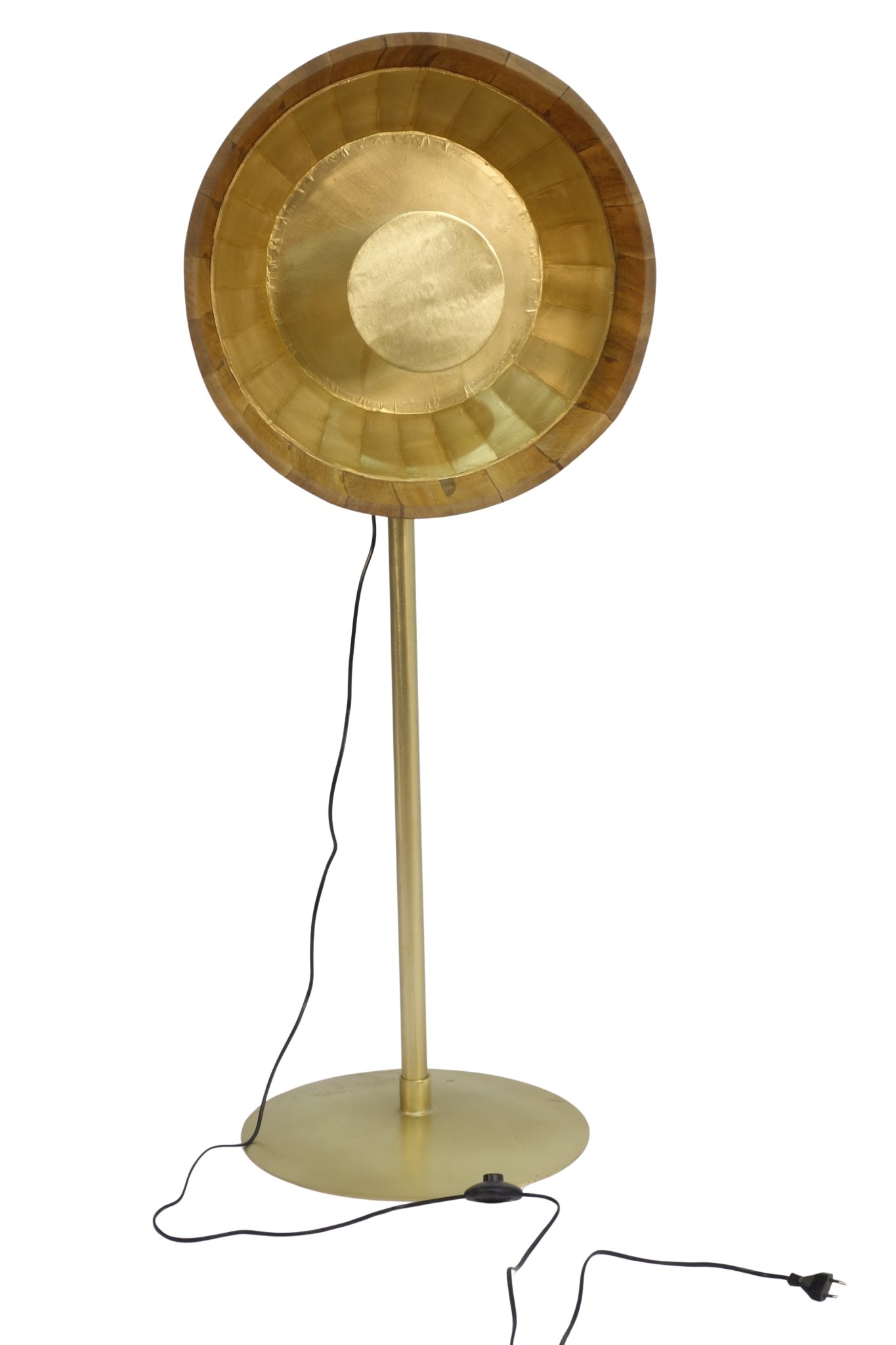 Wooden Brass cladded deep disc floor lamp