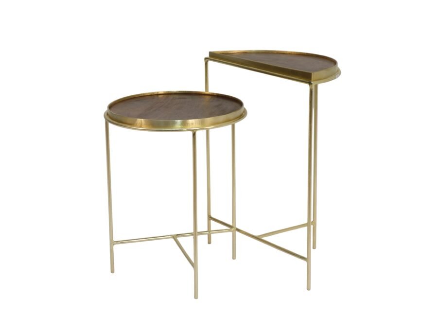 Iron Set of 2 tables with brass cladded edge wood top