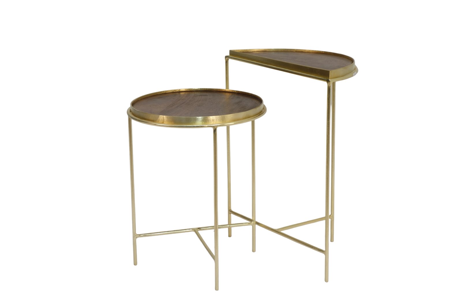 Iron Set of 2 tables with brass cladded edge wood top