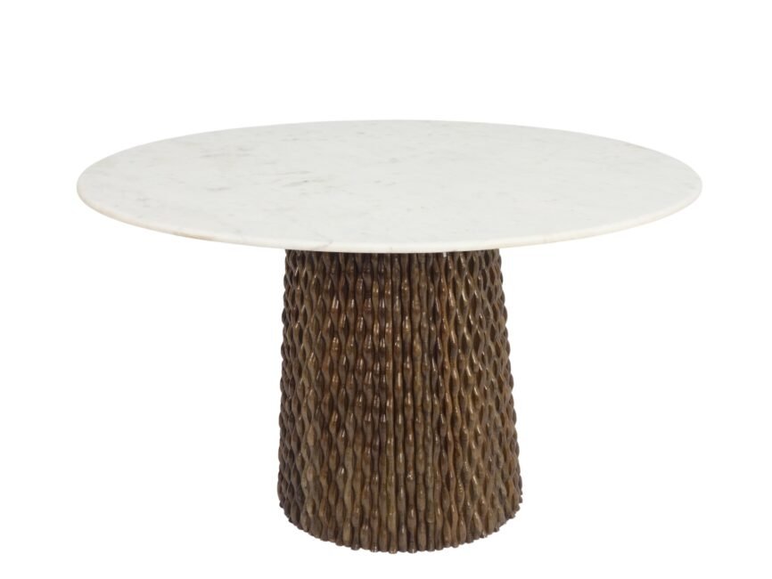 Wooden Dining table with indivually carved strip design base with marble top