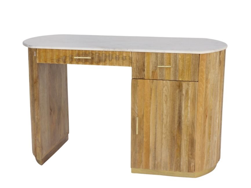 Wooden fluted design Writing Desk with 2 Drawer 1 Door and Marble Top