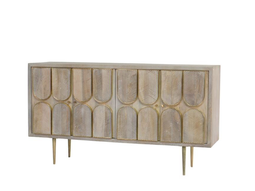 Woooden carved panel 4 door sideboard with brass cladding