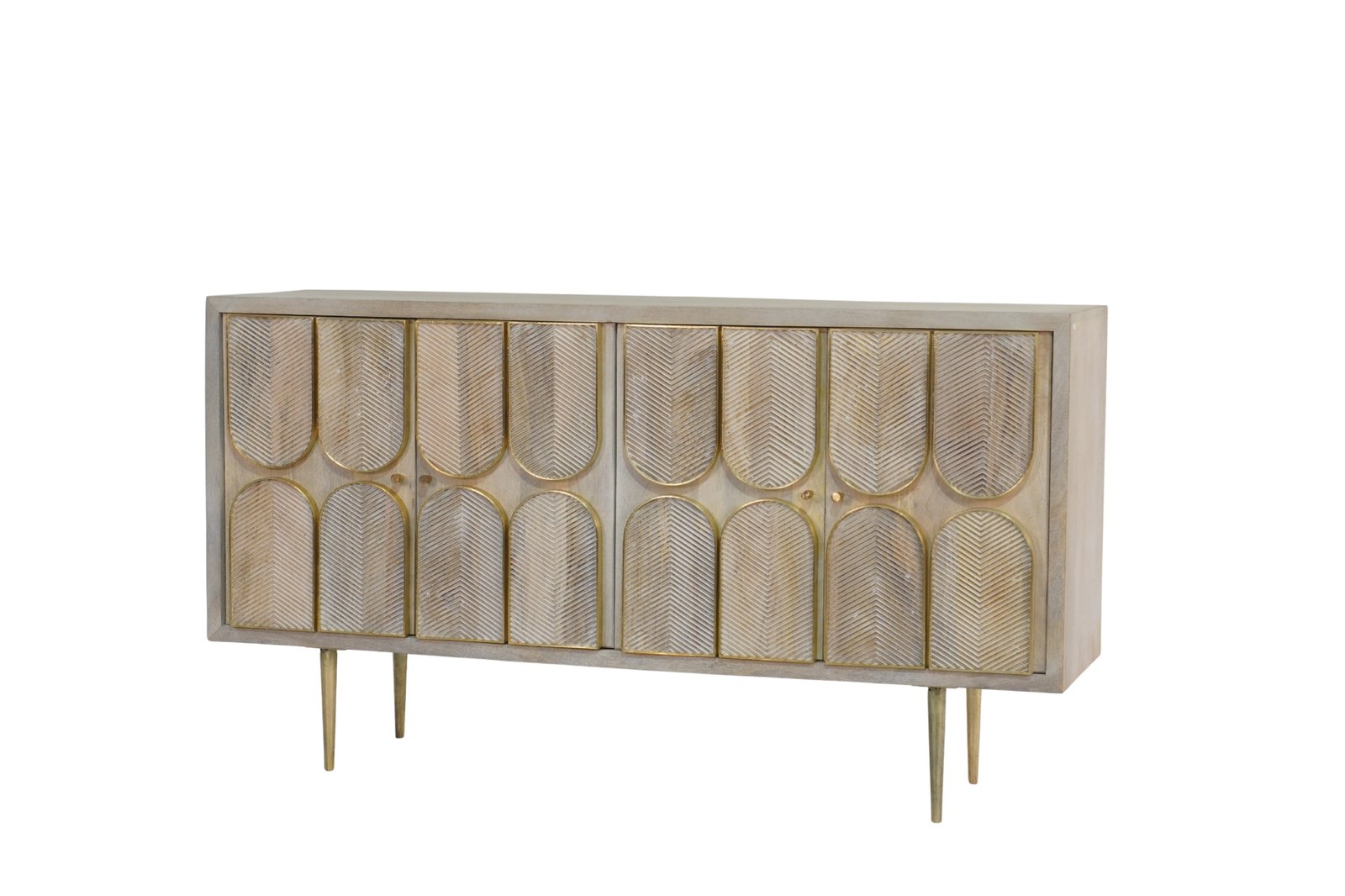 Woooden carved panel 4 door sideboard with brass cladding