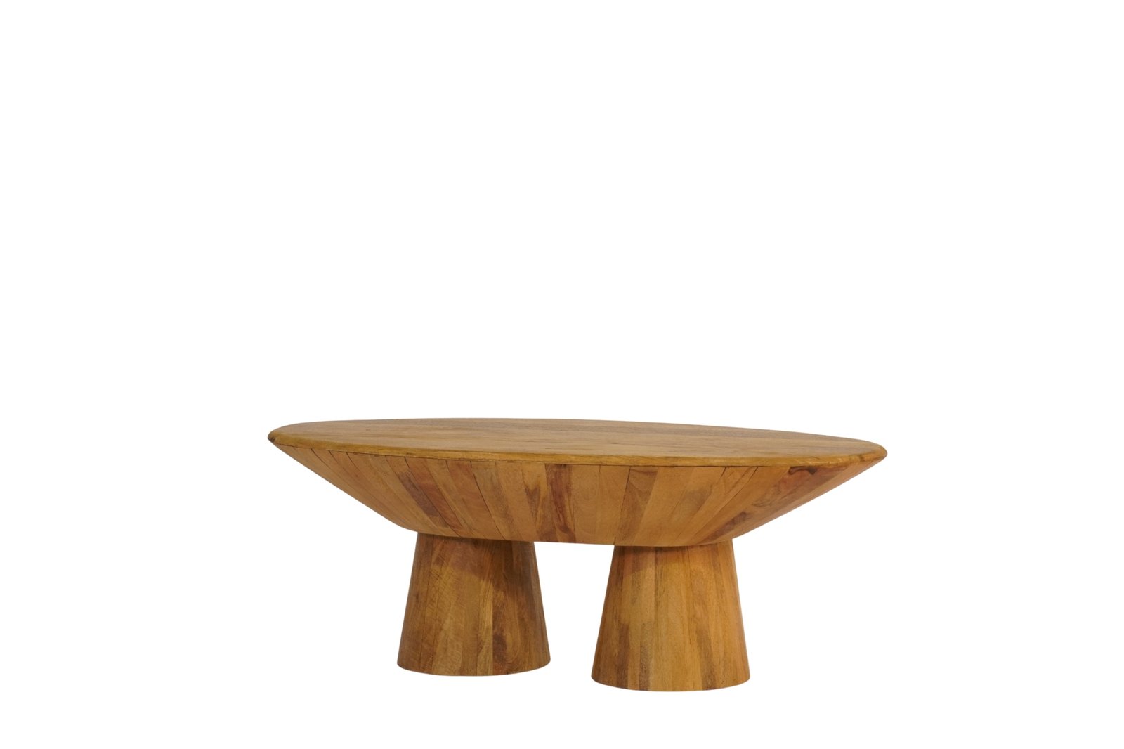 Wooden taper design oval coffee ttable on pillar base