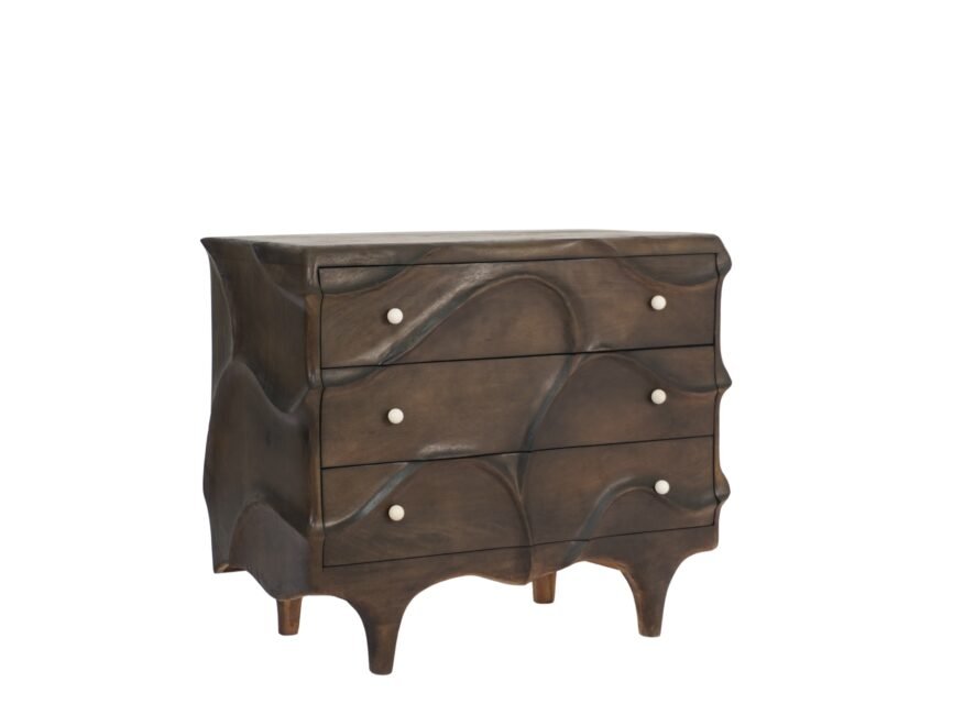 Wooden abstract carved 3 drawer cabinet with marble knob