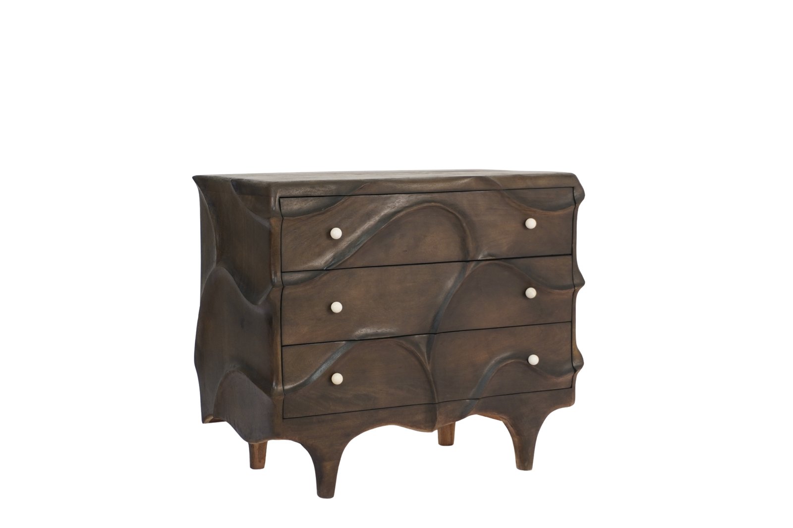 Wooden abstract carved 3 drawer cabinet with marble knob