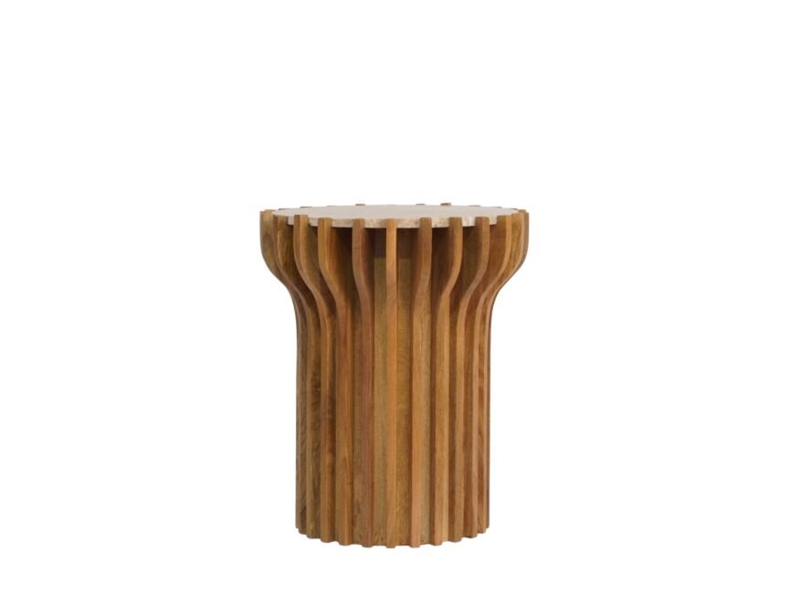 Wooden striped design side table with marble top