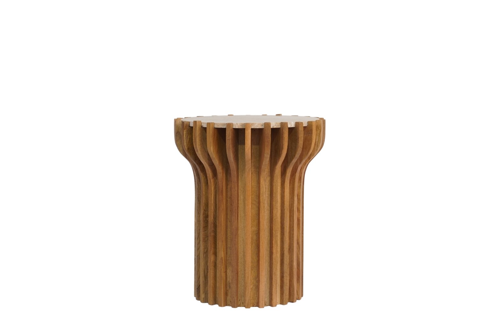 Wooden striped design side table with marble top