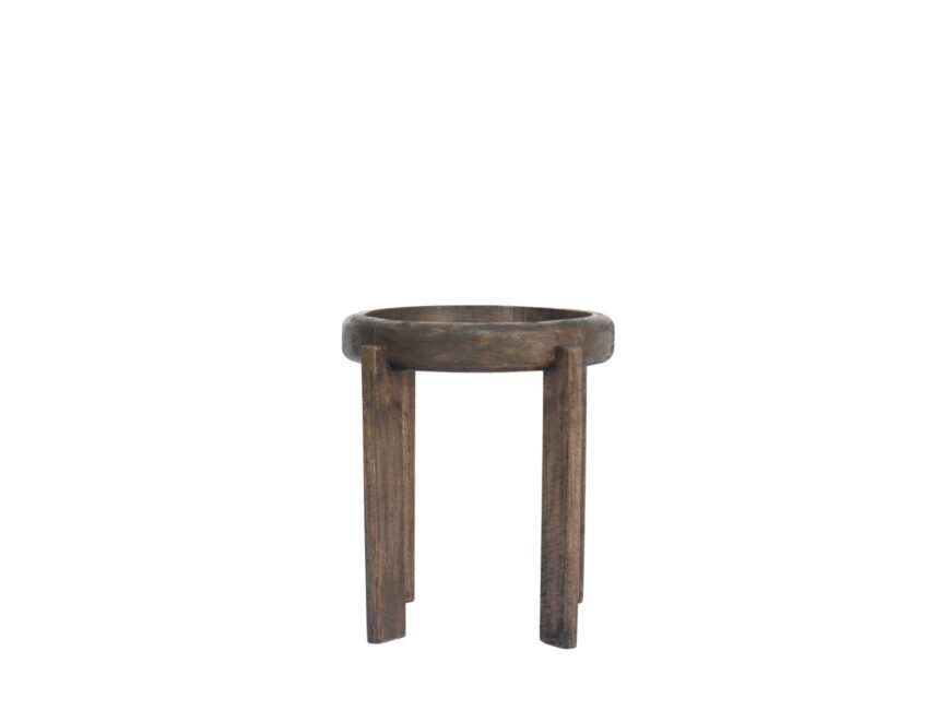 Wooden round side table with black glass top