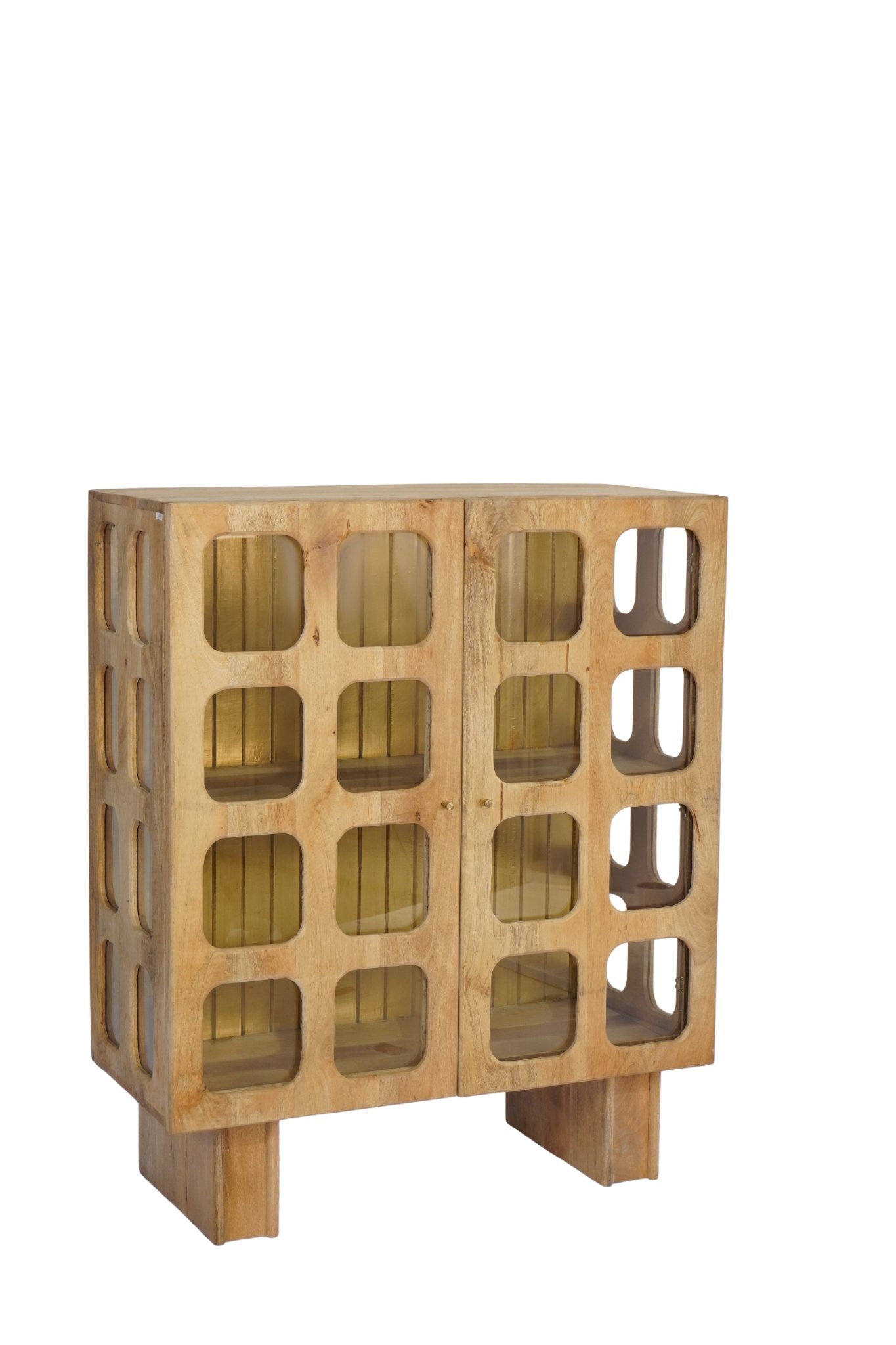 Wooden 2 door square window design cabinet with glass panels and brass cladding