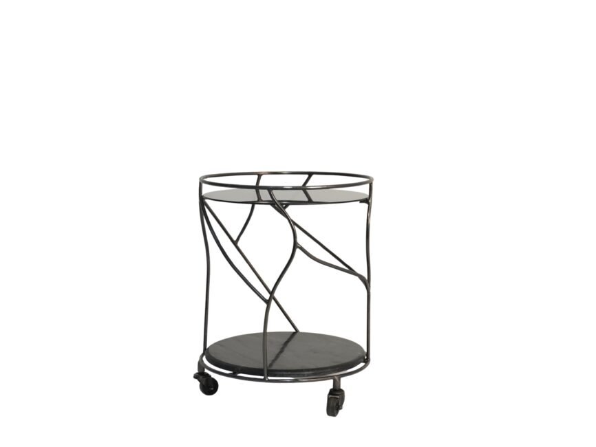 Iron forged round trolley with black glass top and bottom black marble
