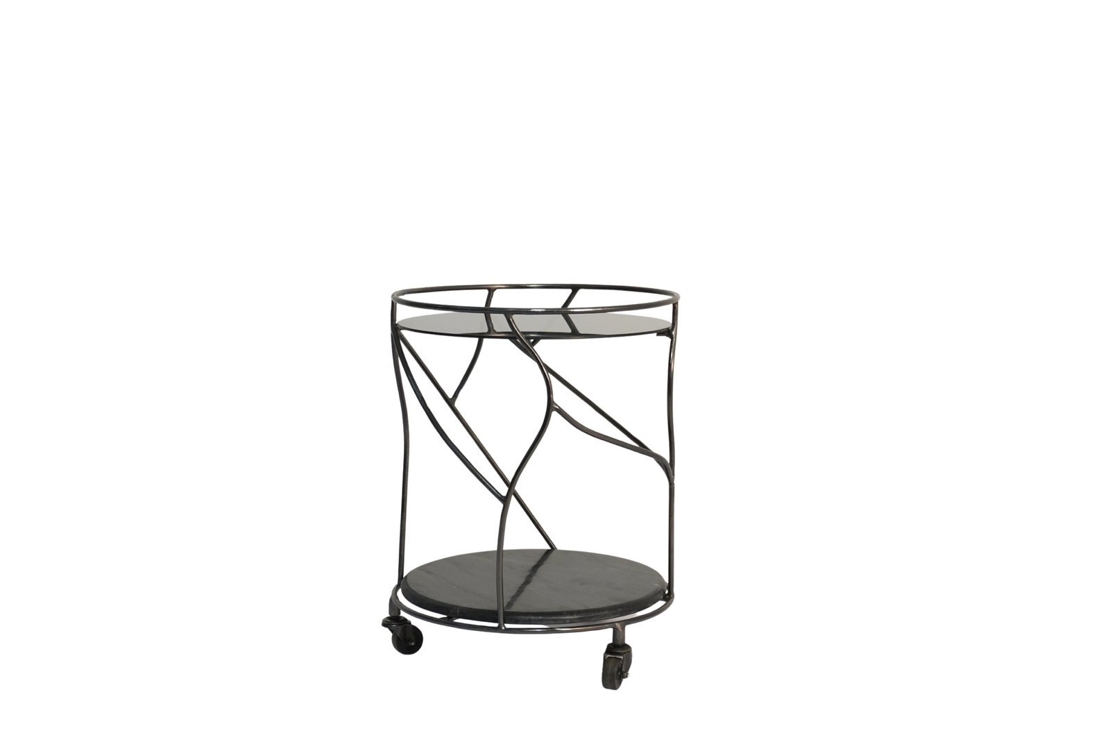 Iron forged round trolley with black glass top and bottom black marble