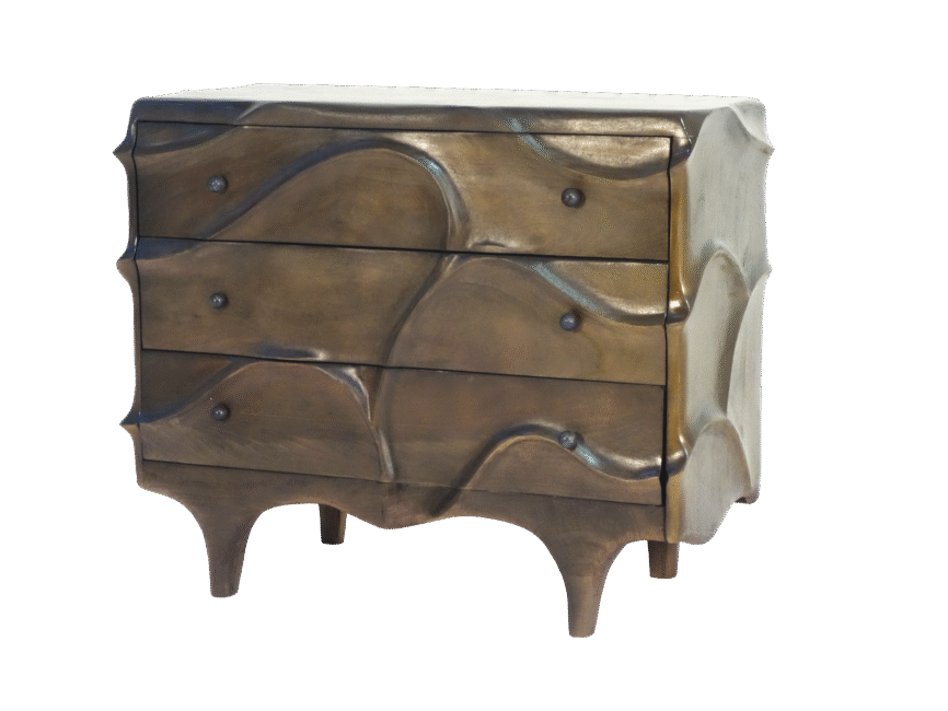 Wooden abstract carved 3 drawer cabinet with marble knob