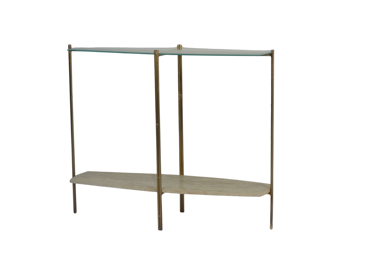Iron Tile shape console with glass top and travertine stone base