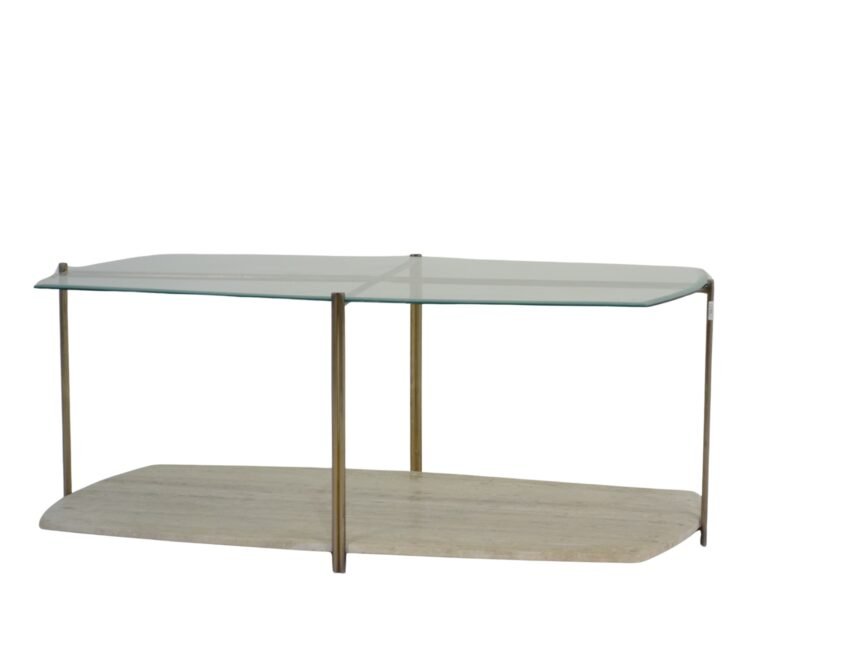 Iron Tile shape coffee table with glass top and travertine stone base