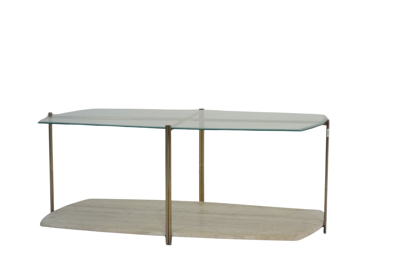 Iron Tile shape coffee table with glass top and travertine stone base