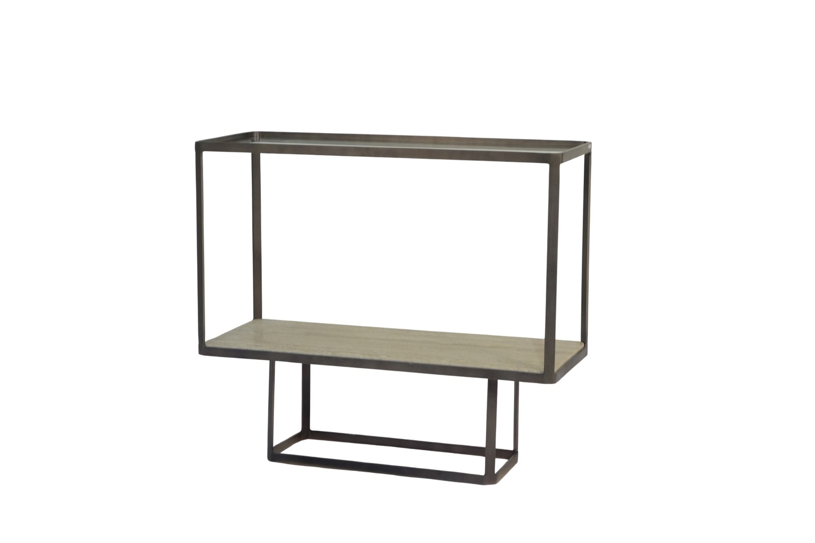 Iron rectangular console with glass top and Travertine stone