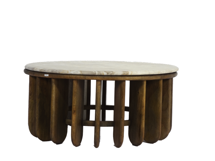 Wooden slatted design round coffee table with marble top