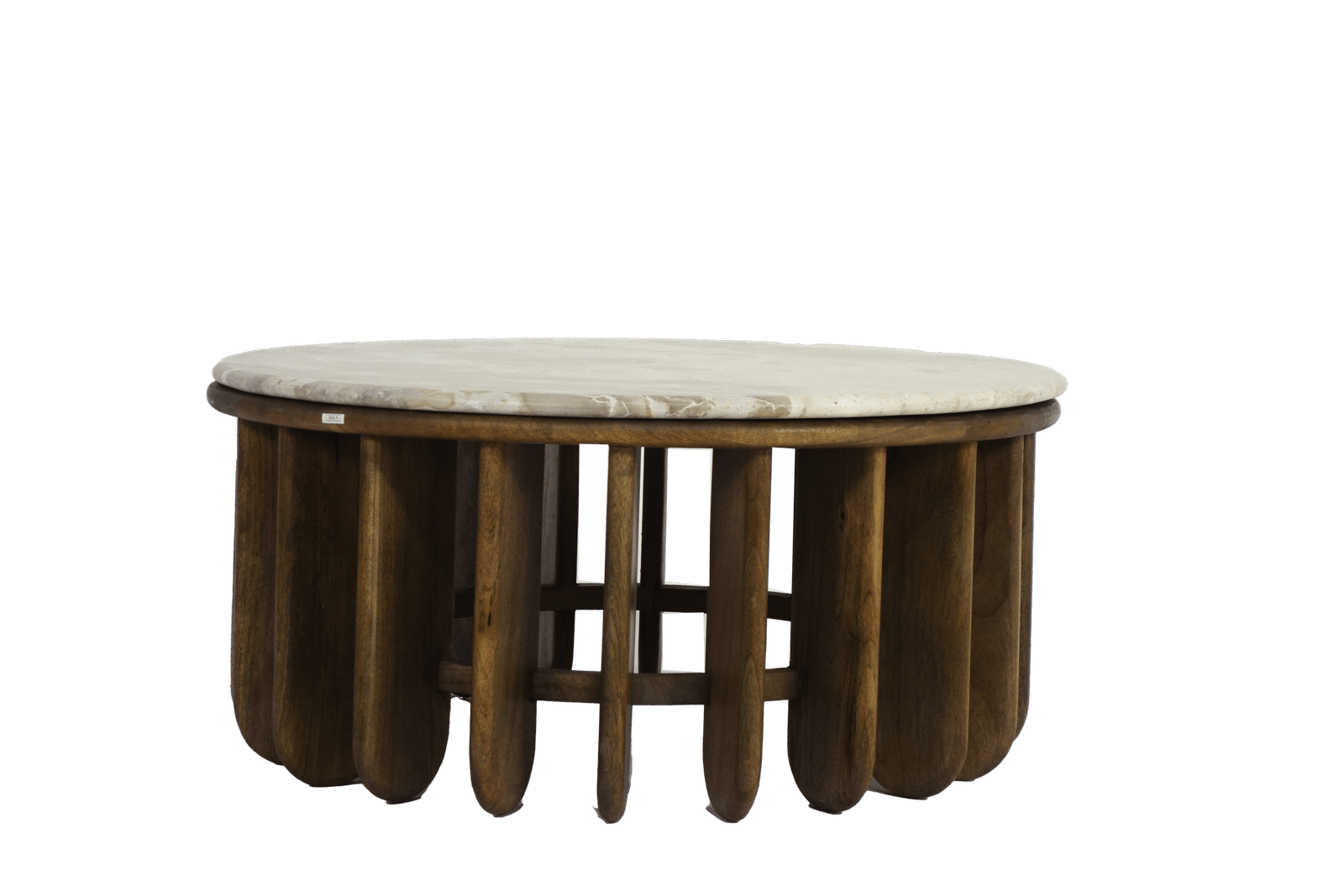 Wooden slatted design round coffee table with marble top