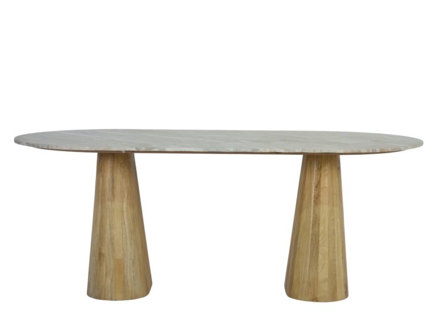 Wooden Oval Pillar design Marble Top Dining Table
