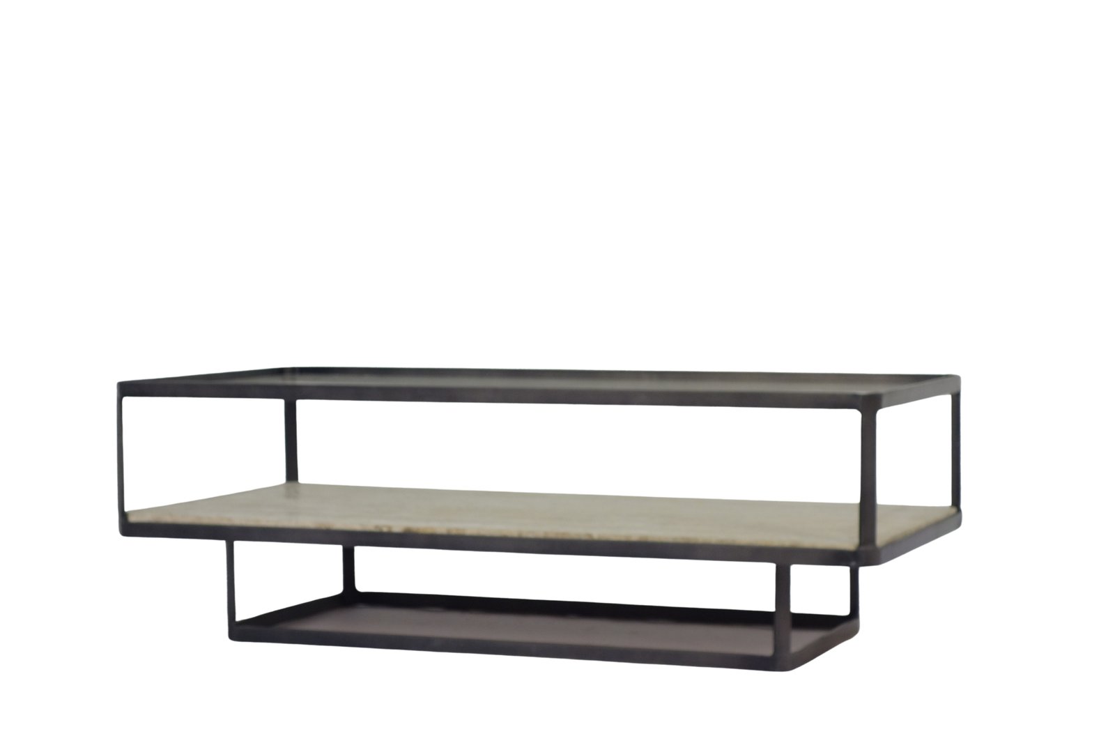 Iron rectangular coffee table with glass top and Travertine stone