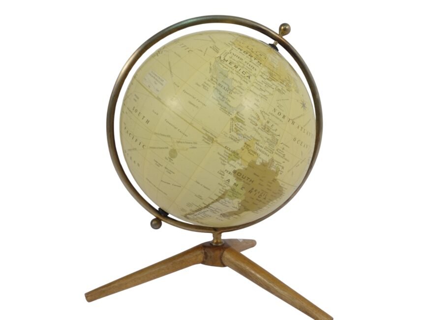 Globe with metal ring on wooden tripod base