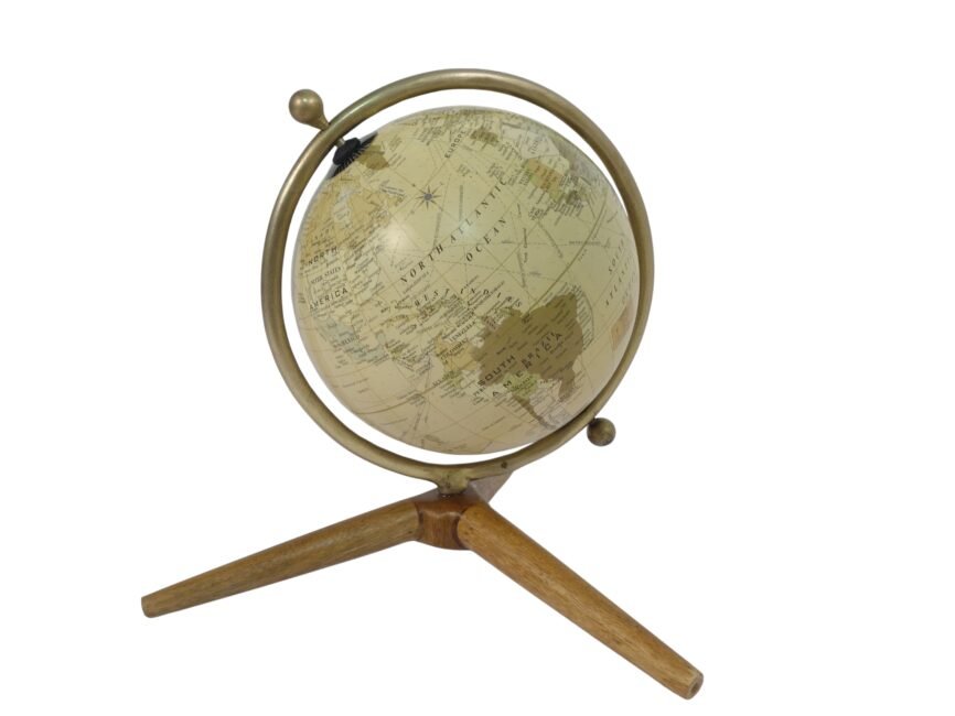 Globe with metal ring on wooden tripod base