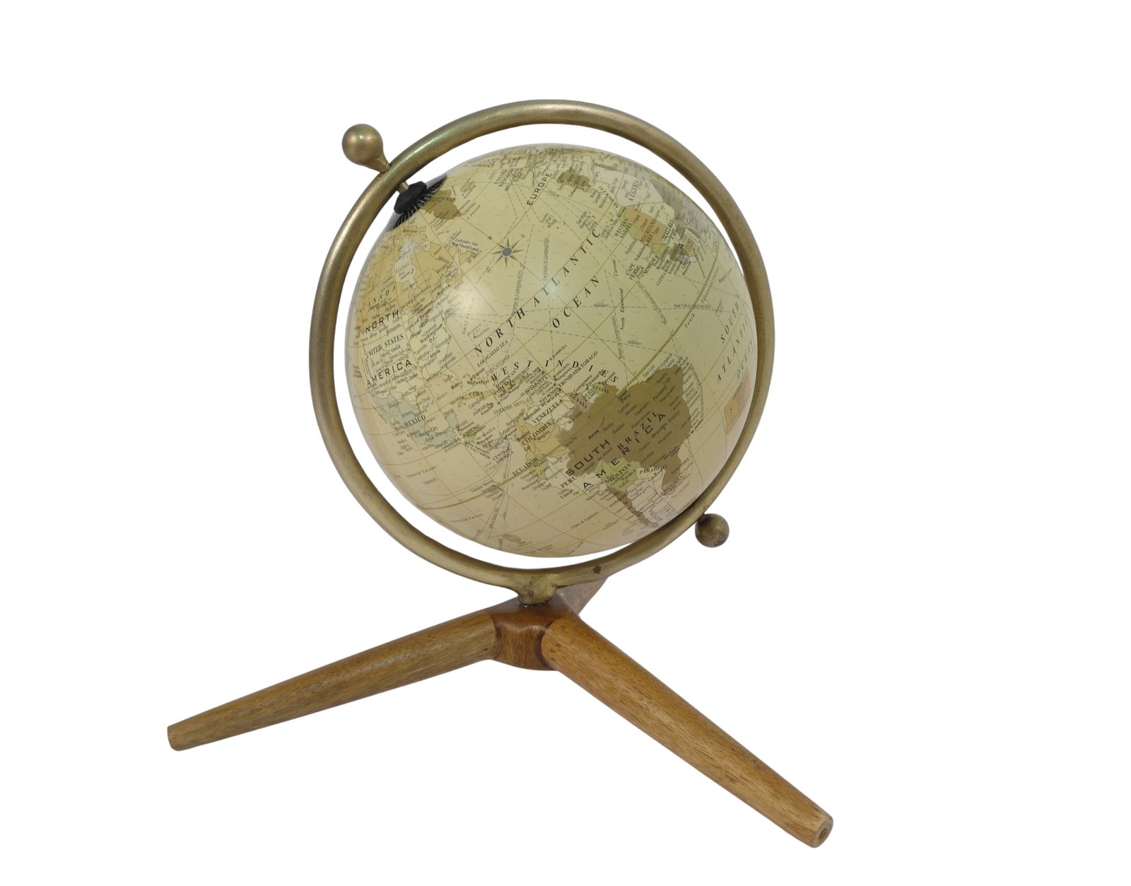 Globe with metal ring on wooden tripod base