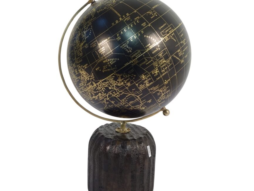Black globe on wooden carved pillar base
