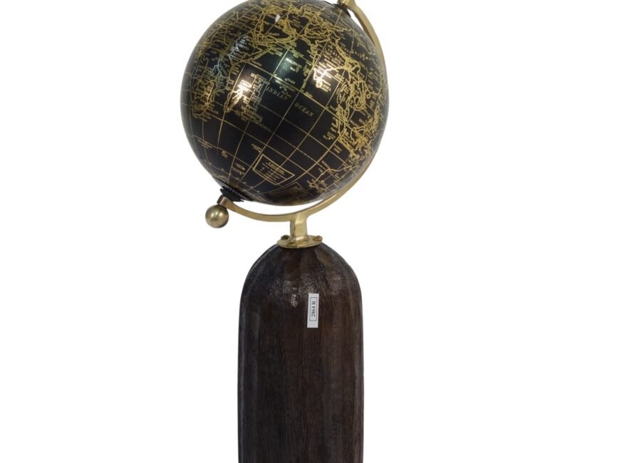 Black globe on wooden carved pillar base