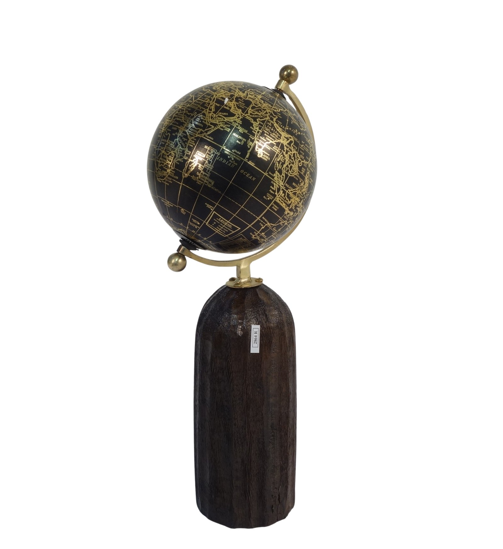 Black globe on wooden carved pillar base