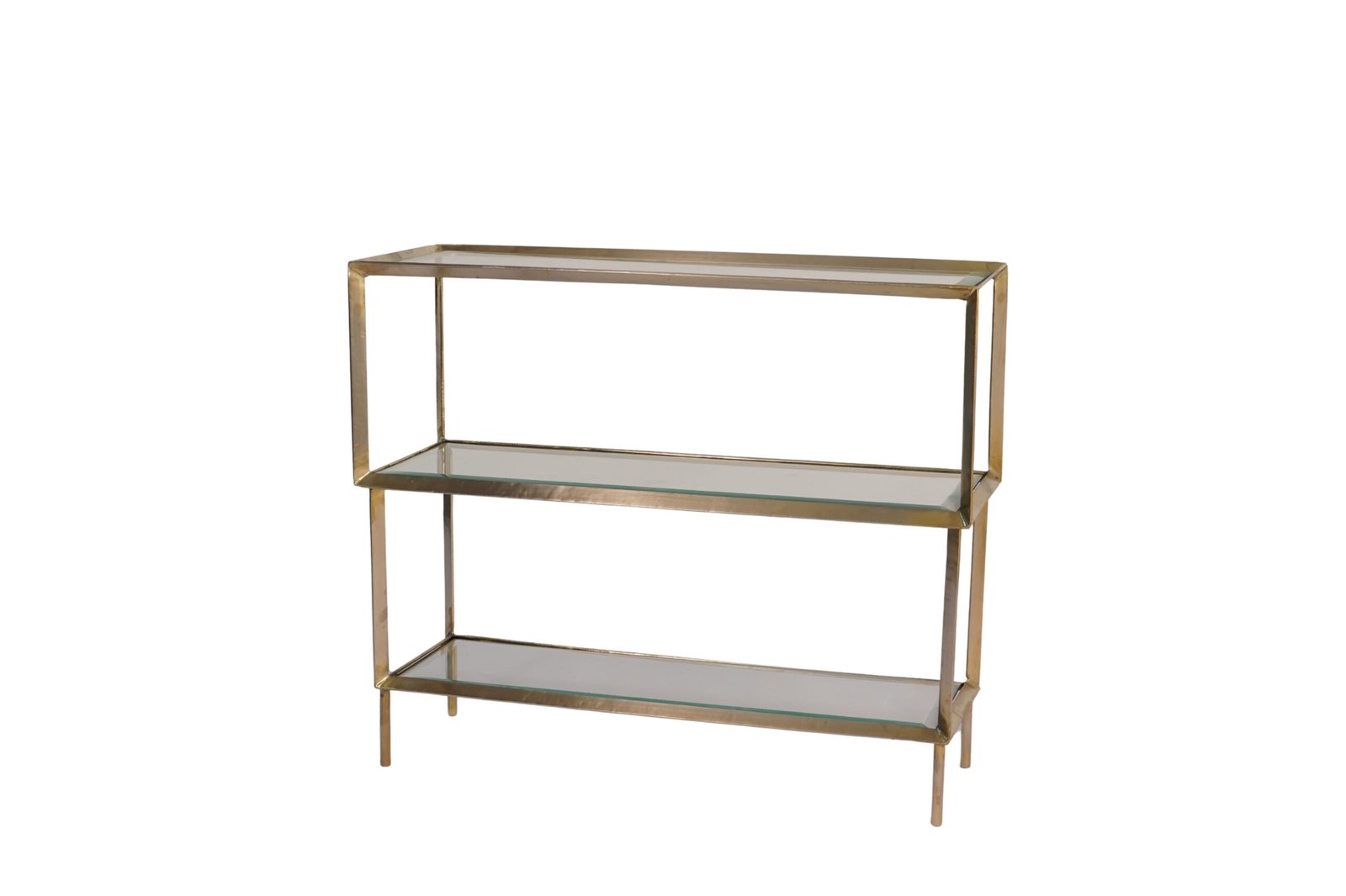 Wooden step design console table with bevelled glass tops