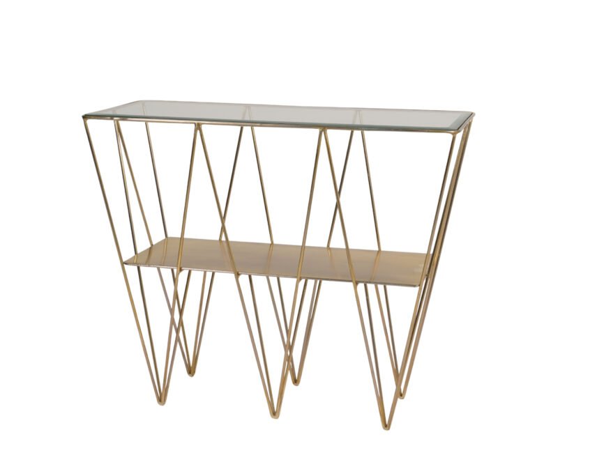 Iron forged triangular design console with glass and metal shelves
