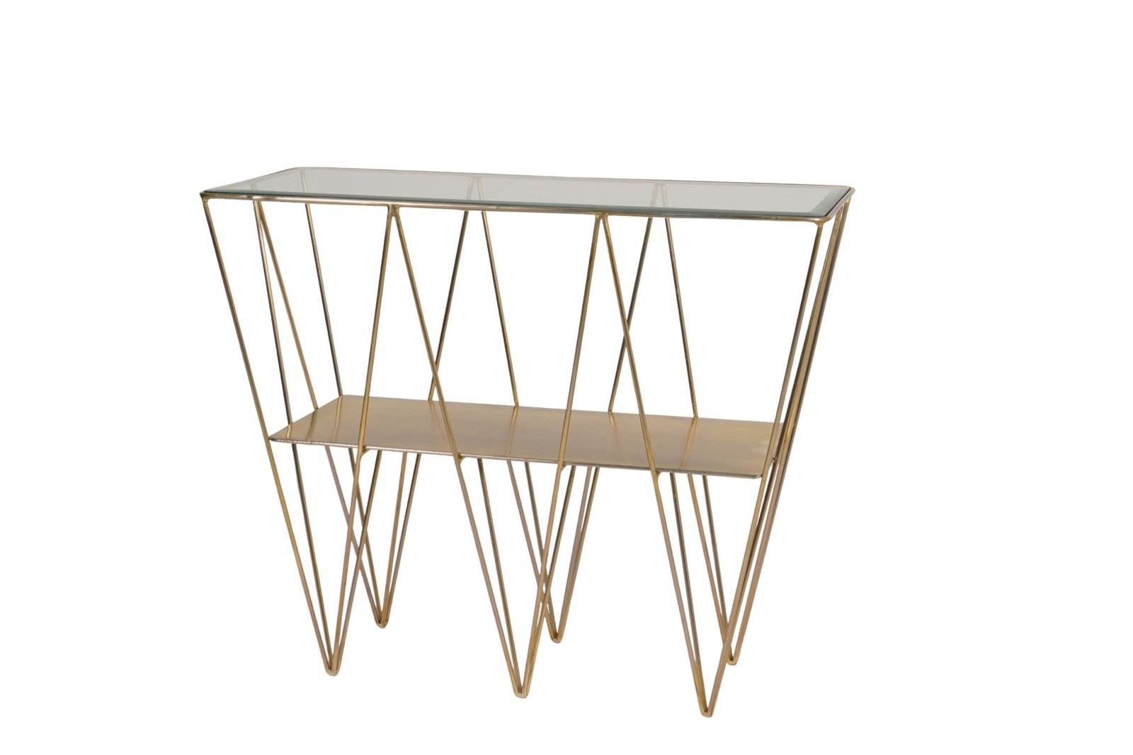 Iron forged triangular design console with glass and metal shelves