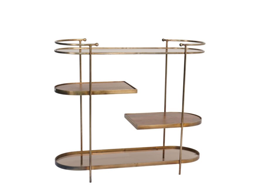 Iron Forged multi shelf console with brown glass and wood tops