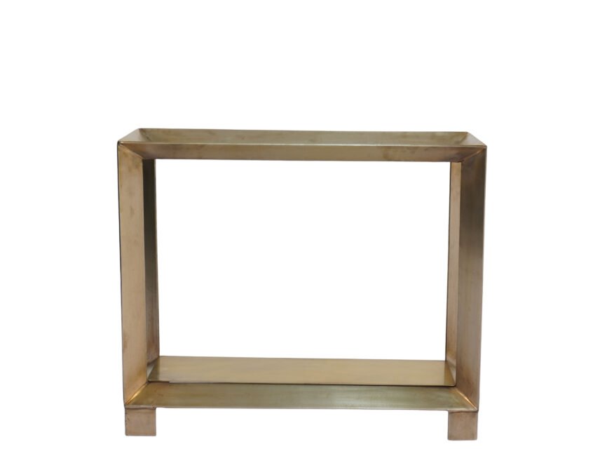 Iron forged diamond design console with amber glass top and metal shelf