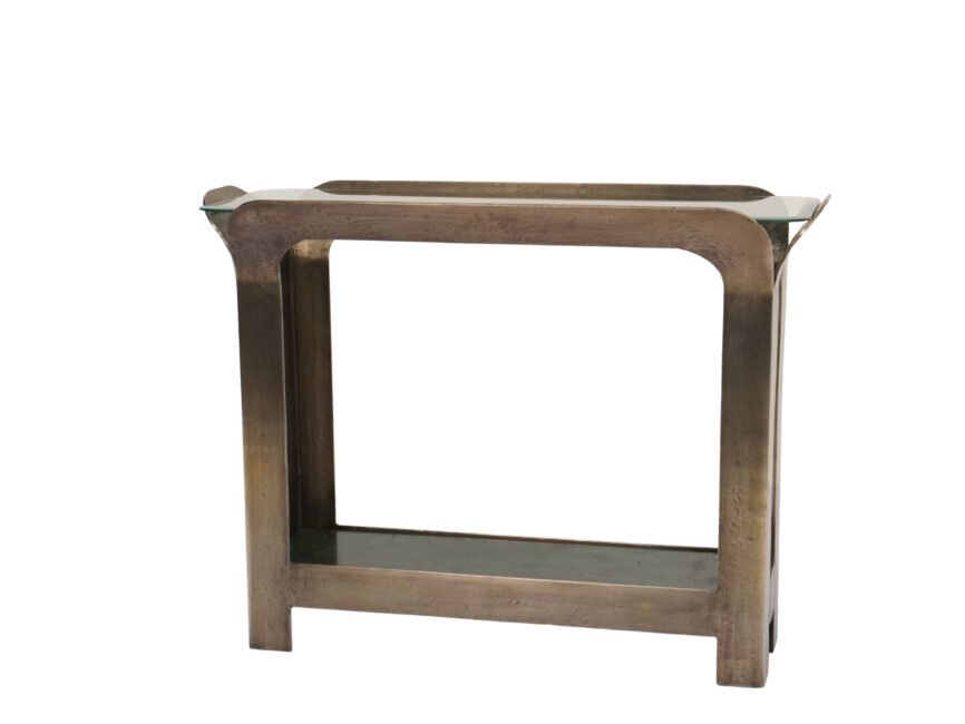 Iron forged console table with bevelled glass top and green marble shelf