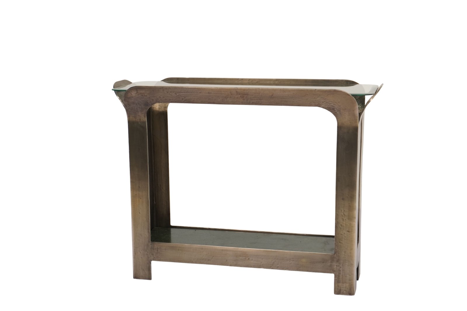 Iron forged console table with bevelled glass top and green marble shelf