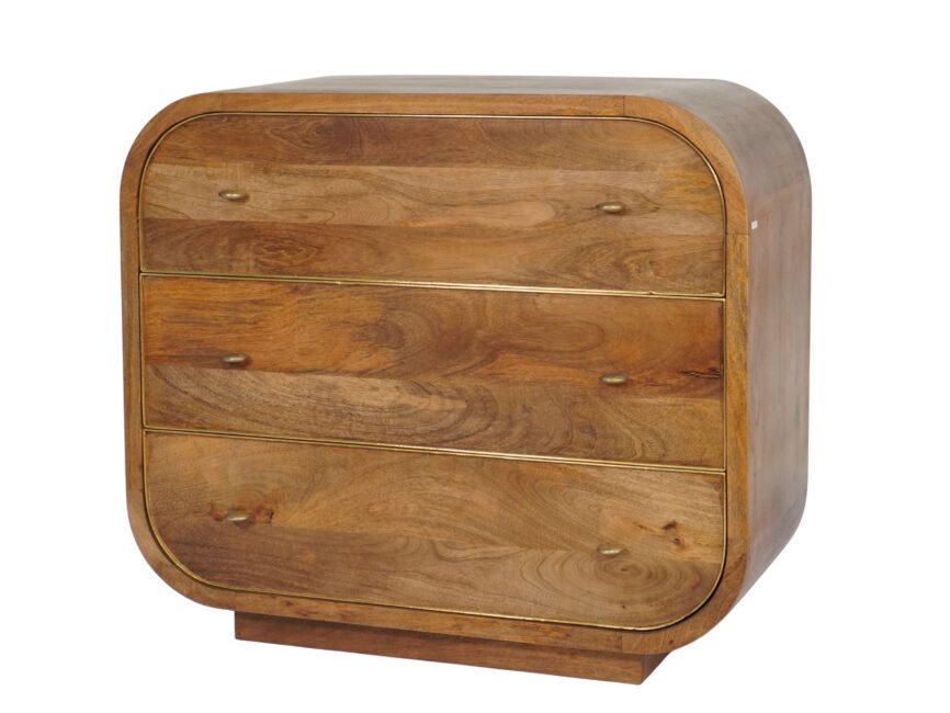 Wooden curved design 3 drawer cabinet with brass cladded edges