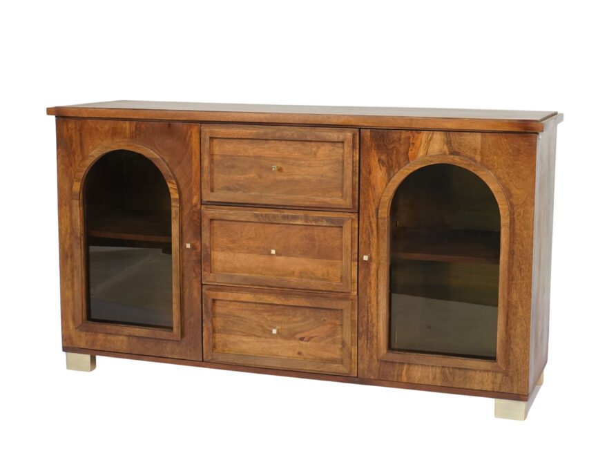 Wooden arch design glass door sideboard with 3 drawers