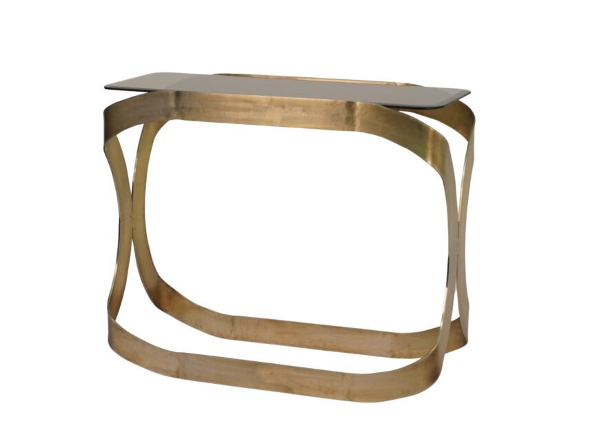 Iron Forged curved console with bevelled amber glass top