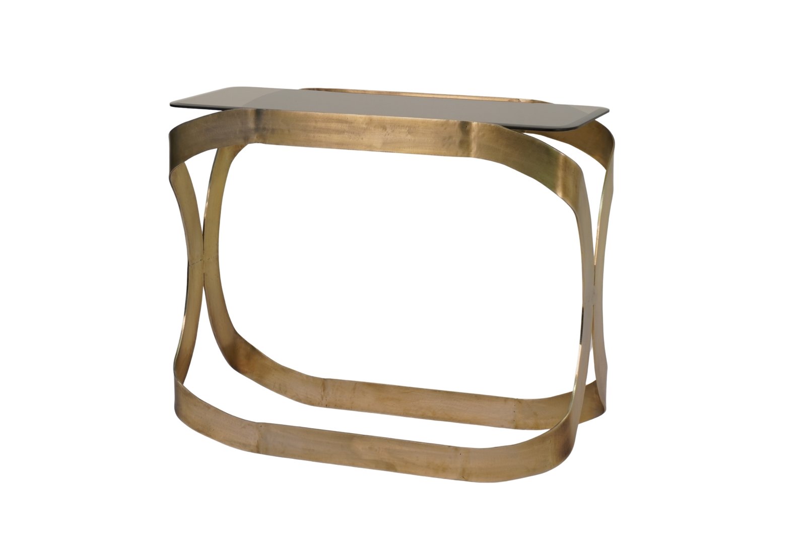 Iron Forged curved console with bevelled amber glass top