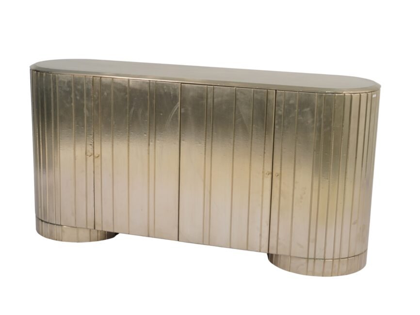 Wooden capsule shape striped design white metal cladded sideboard with marble top