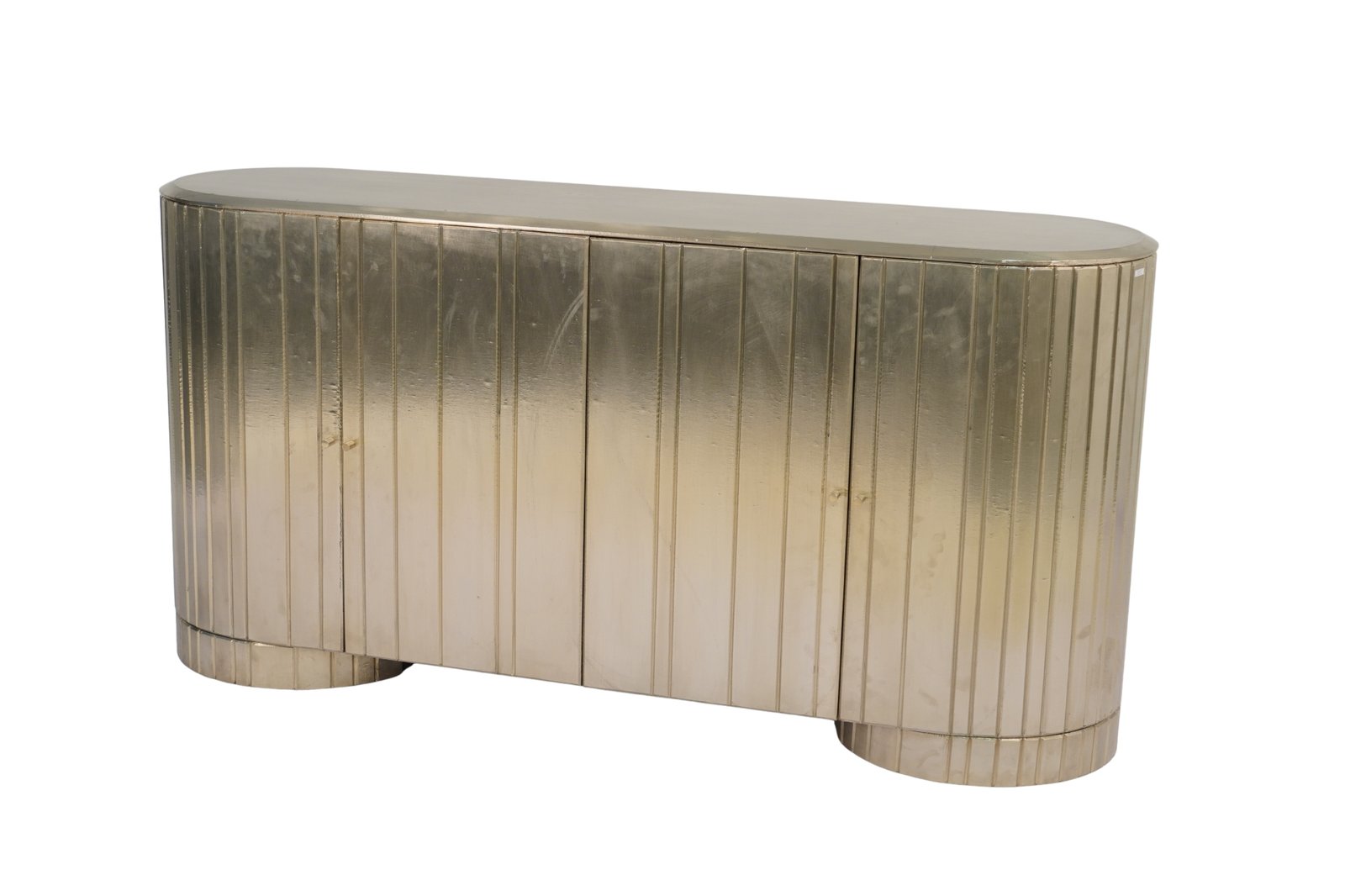 Wooden capsule shape striped design white metal cladded sideboard with marble top